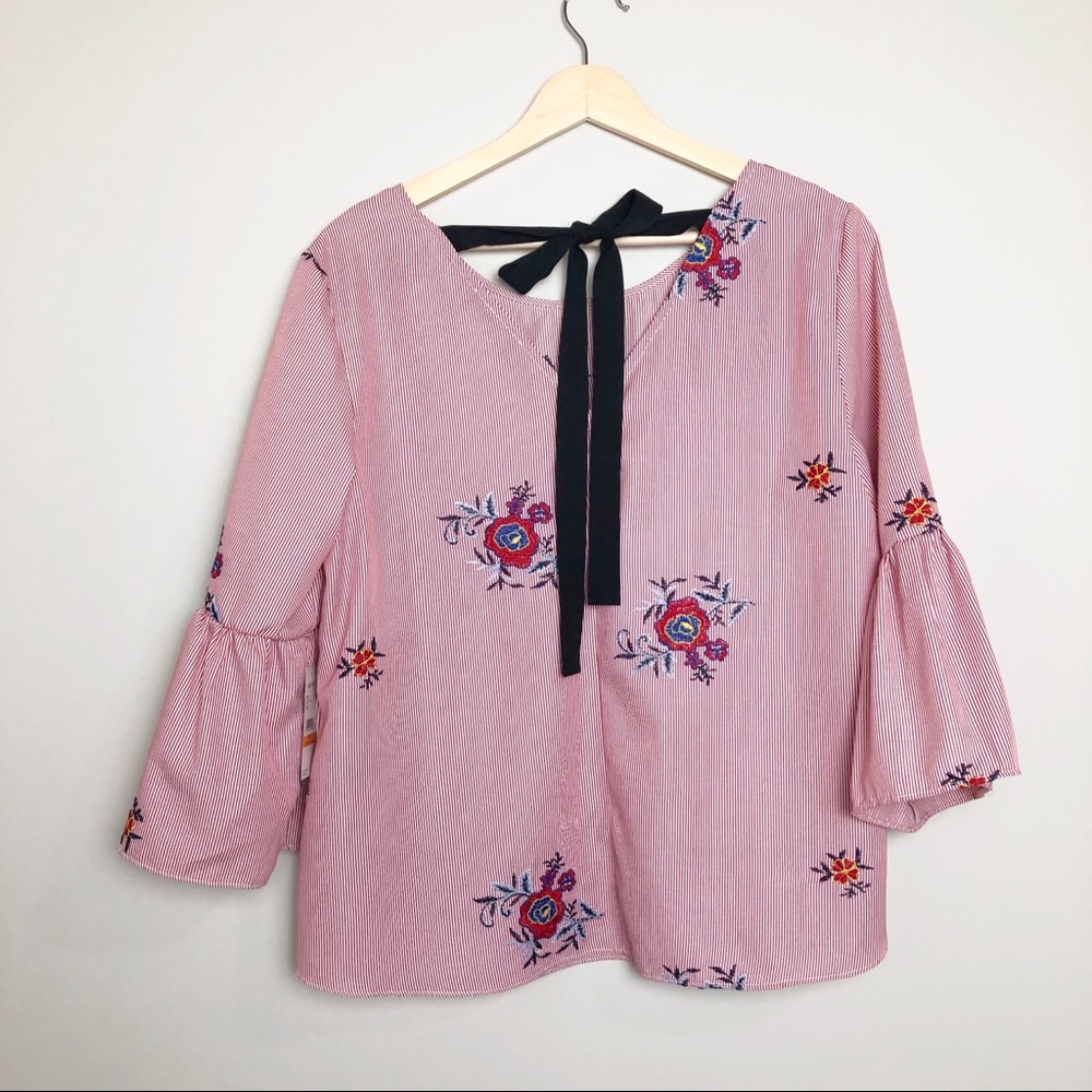 Nine West Red and White PinStripe Bell Sleeve Top | Small - Picture 7 of 14